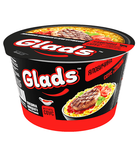 Tăieței Glads cu gust de carne de vită și sos de «Roșii și busuioc»