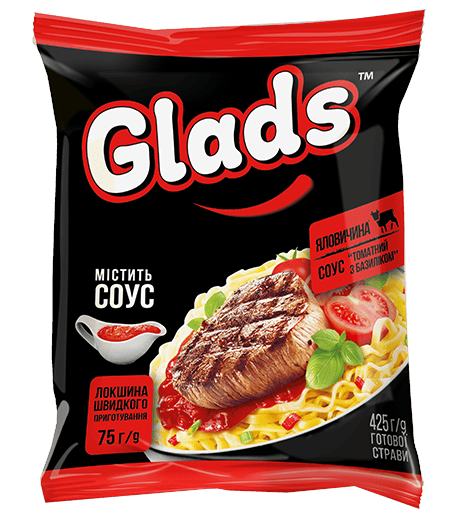 Tăieței Glads cu gust de carne de vită și sos de «Roșii și busuioc»
